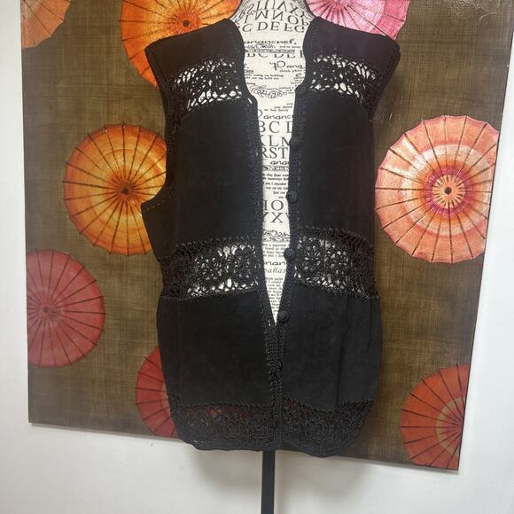 Hippie Western Crochet Suede Vest Lace Gothic Boho Black Vintage 90s Sz L - Picture 2 of 5